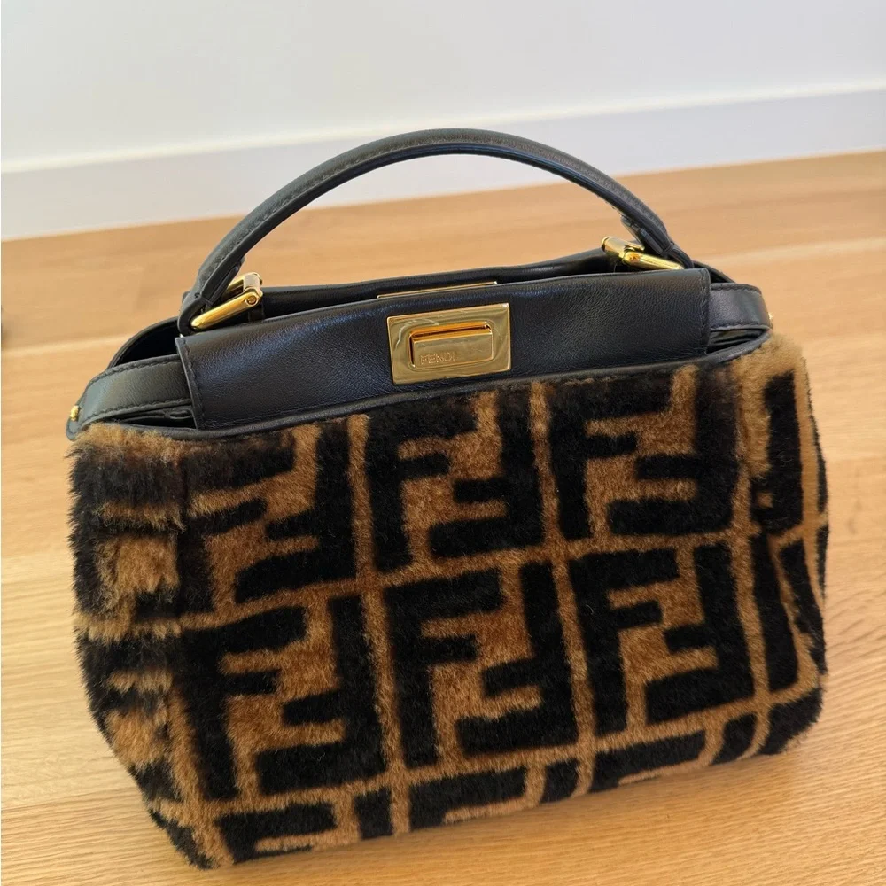 Fendi Brown & Black Faux Fur Mini Peekaboo Bag with Gold Hardware - Picture 4 of 8